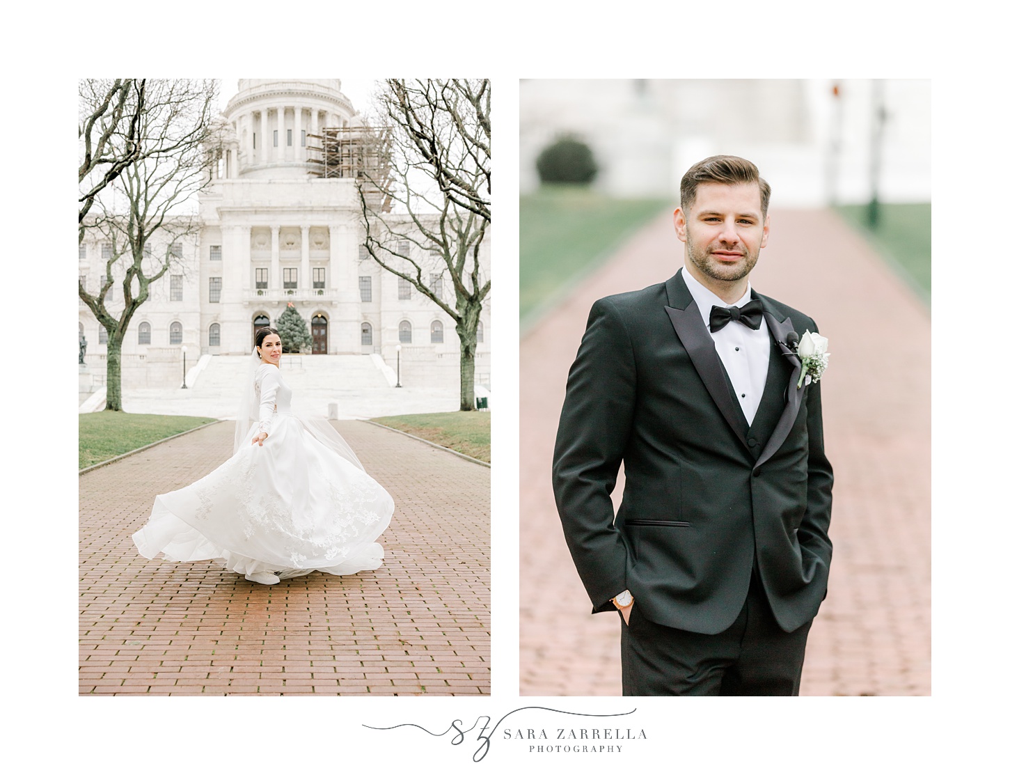 bride twirls on brick walkway with groom outside the Rhode Island State House in Providence RI