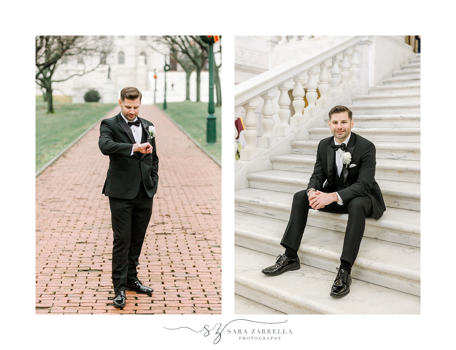groom sits on steps of the Rhode Island State House in Providence RI
