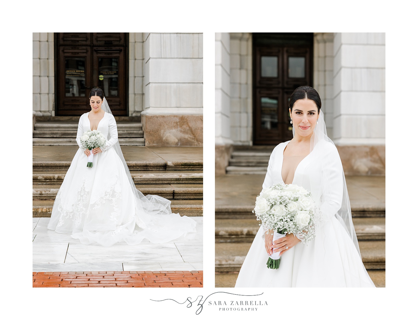 bride holds bouquet of white roses in long-sleeve wedding gown outside the Rhode Island State House in Providence RI