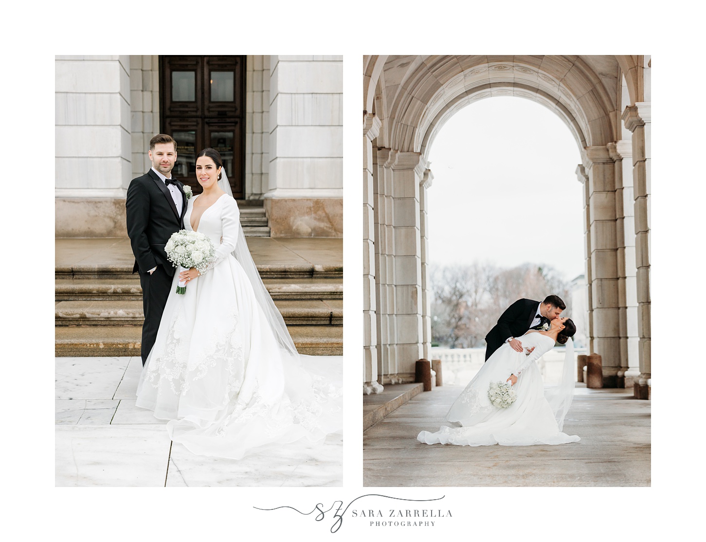 newlyweds kiss dipping between archway at the Rhode Island State House in Providence RI