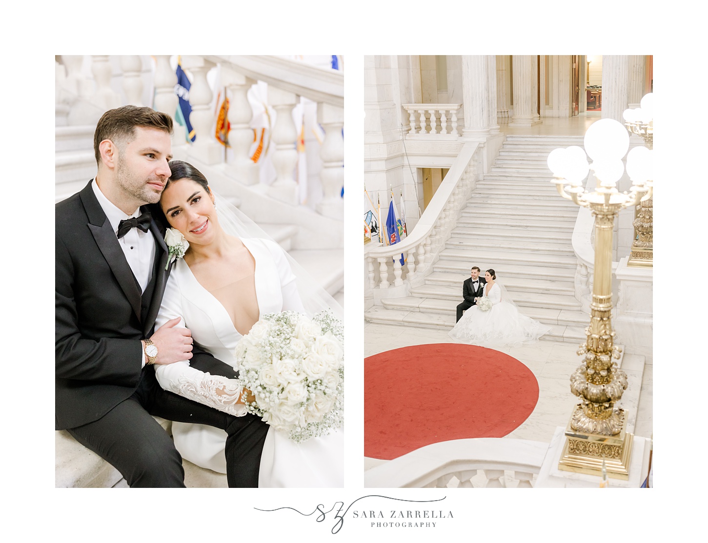 bride sits on steps with groom inside the Rhode Island State House in Providence RI