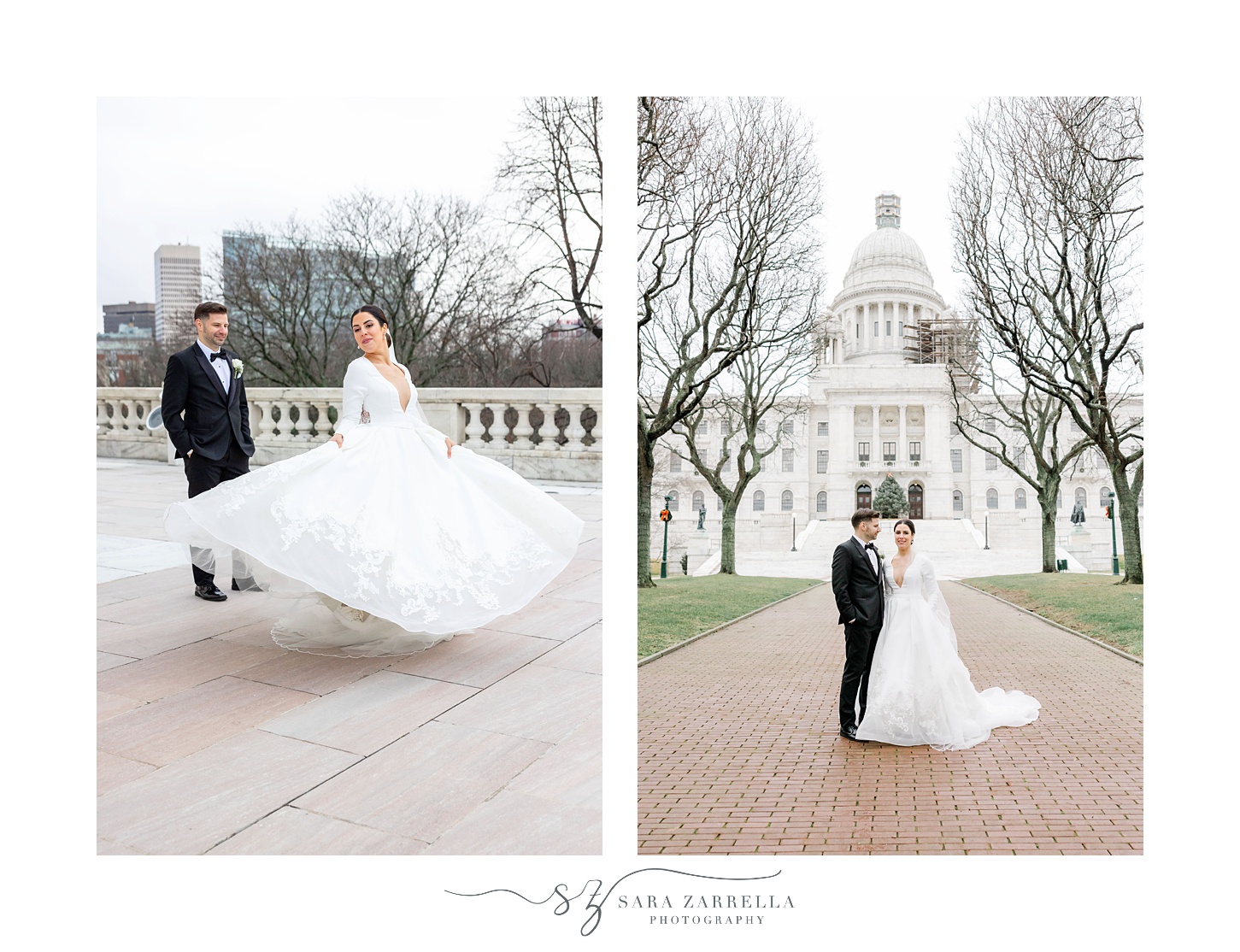 bride twirls in wedding gown in front of the Rhode Island State House in Providence RI