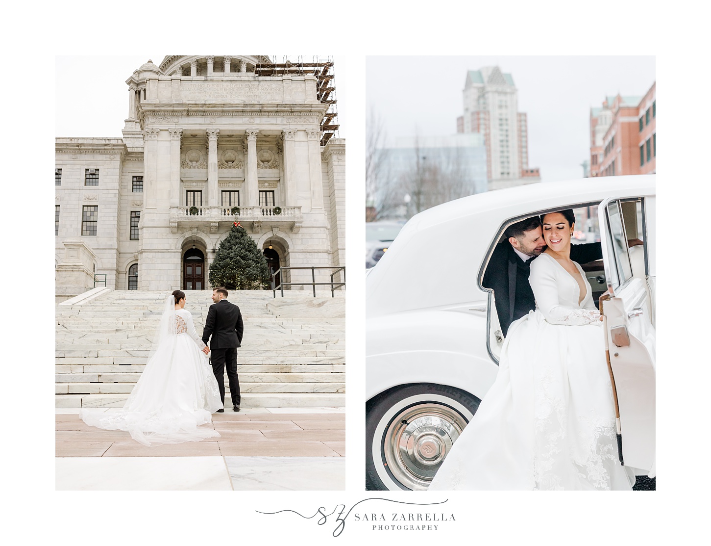 bride steps out of classic white car at the Rhode Island State House in Providence RI