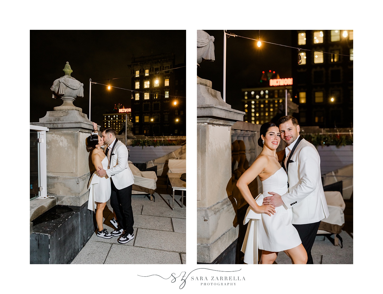 groom in white suit jacket with black lapels hugs bride in short white dress on rooftop of Providence G