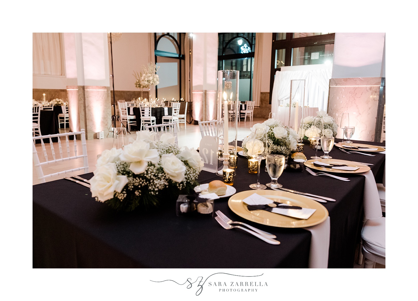 black, white, and gold place settings for New Year's Eve wedding reception at the Providence G
