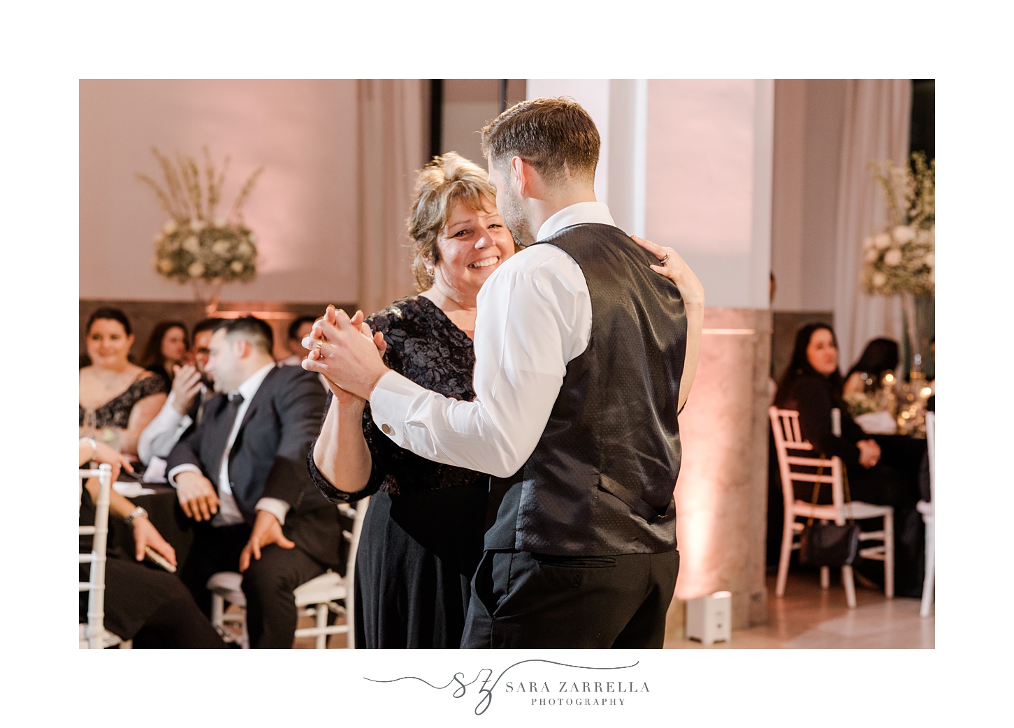 groom dances with mother during Providence RI wedding reception