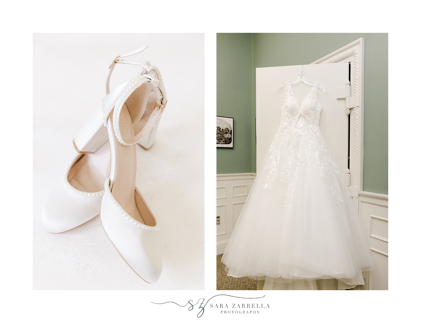 bride's white shoes lay next to wedding gown hanging on door