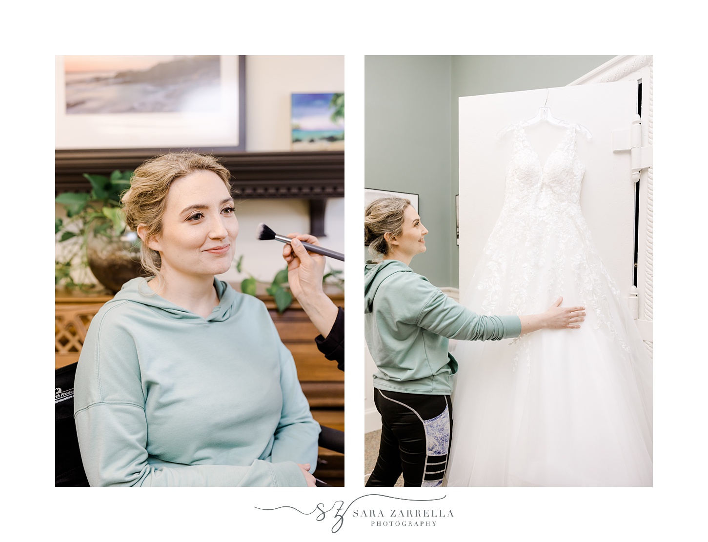 bride prepares for wedding day with makeup and looks at wedding gown