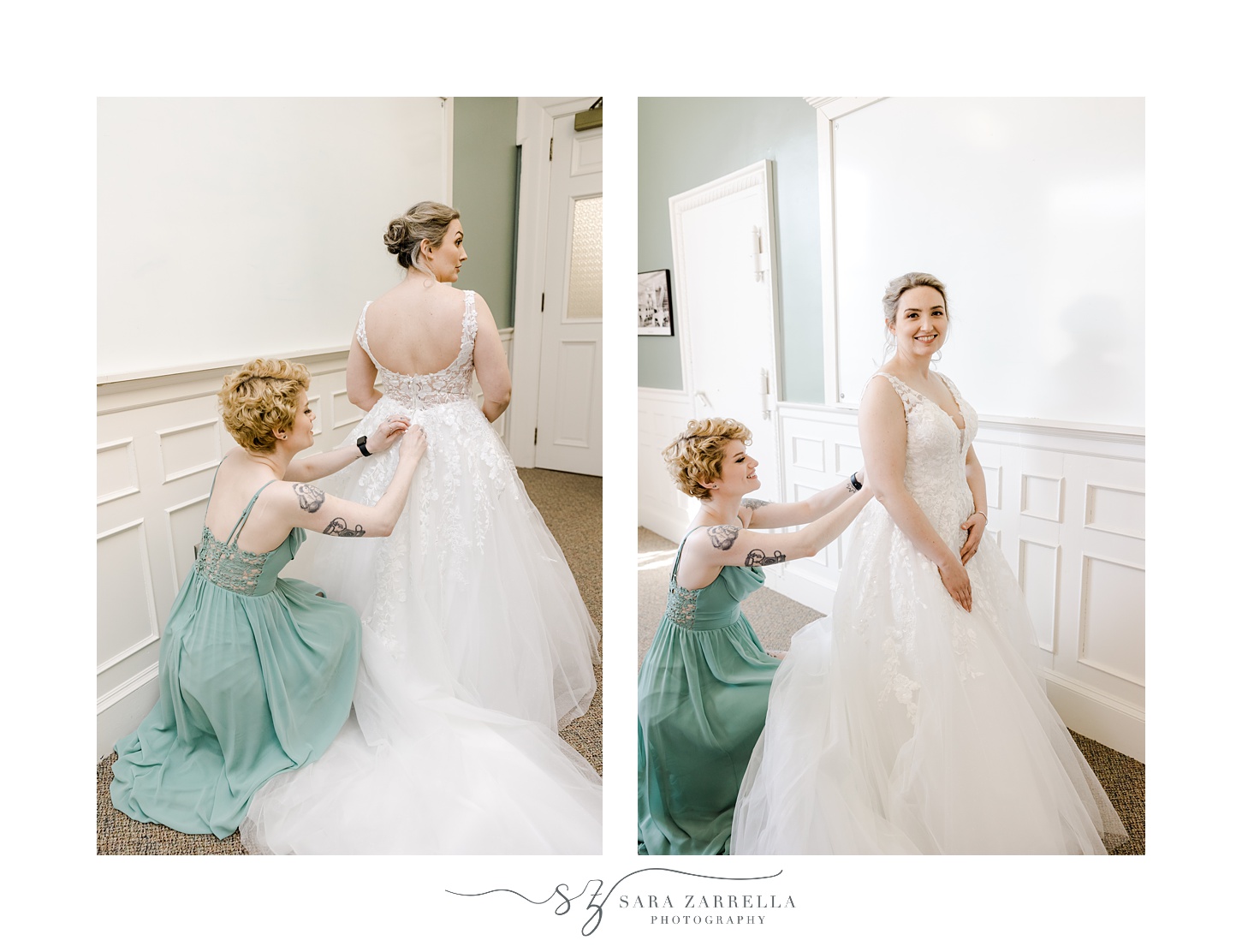 bridesmaid in green dress helps bride into gown