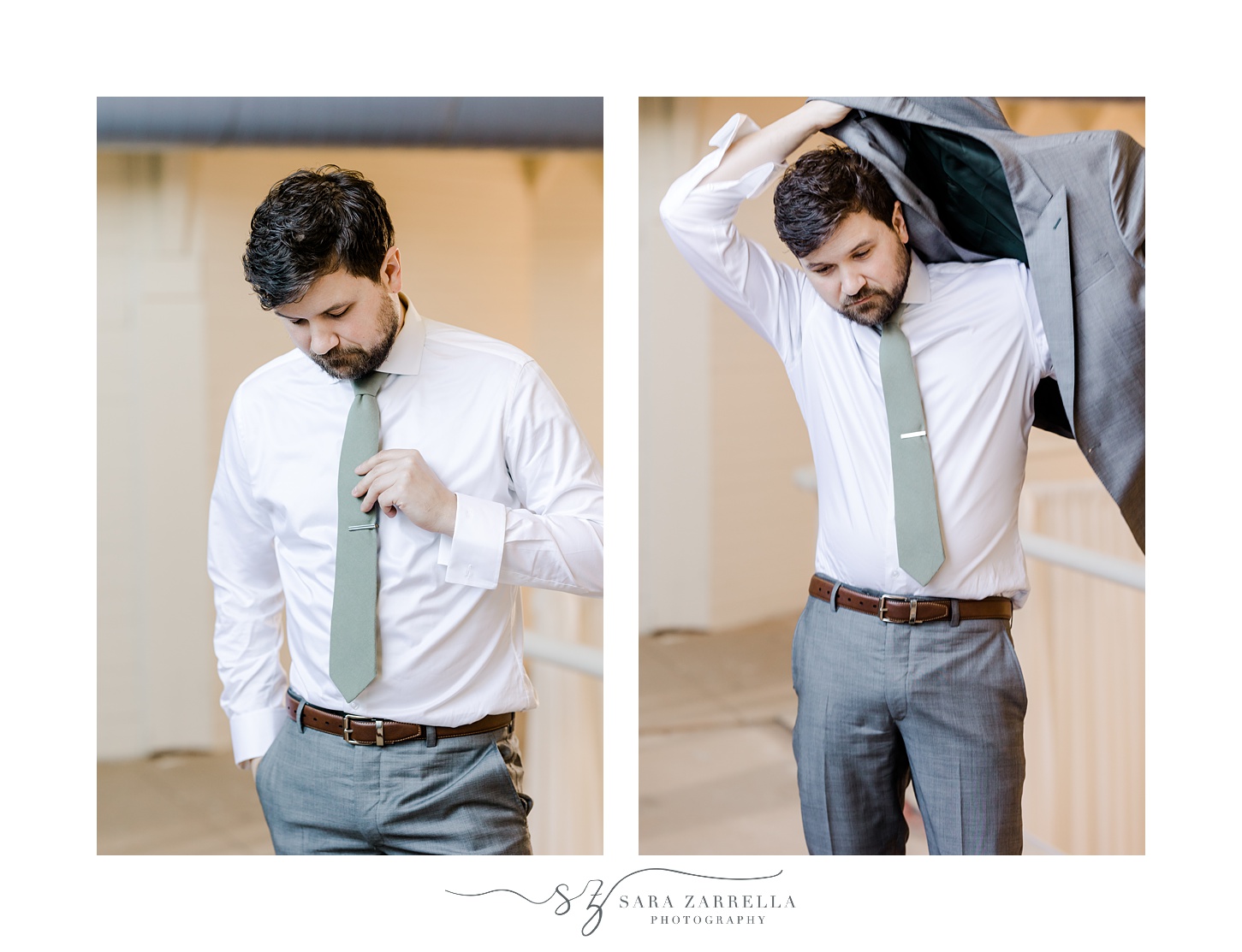 groom lifts grey jacket over his shoulders to get dressed 