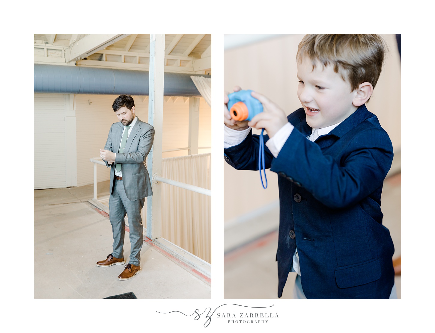 young boy takes photo of groom with toy camera 