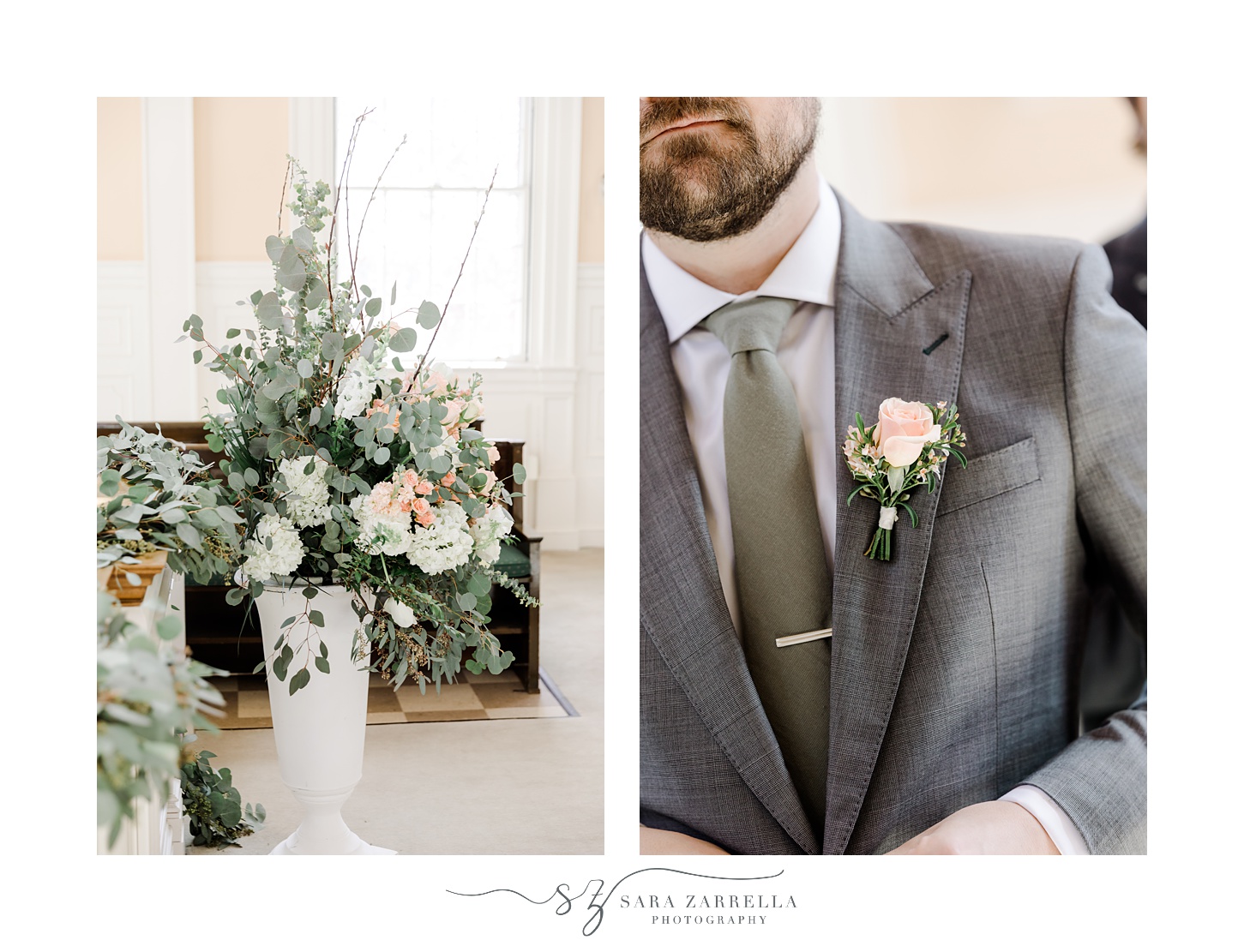 groom in grey suit with peach flower on lapel