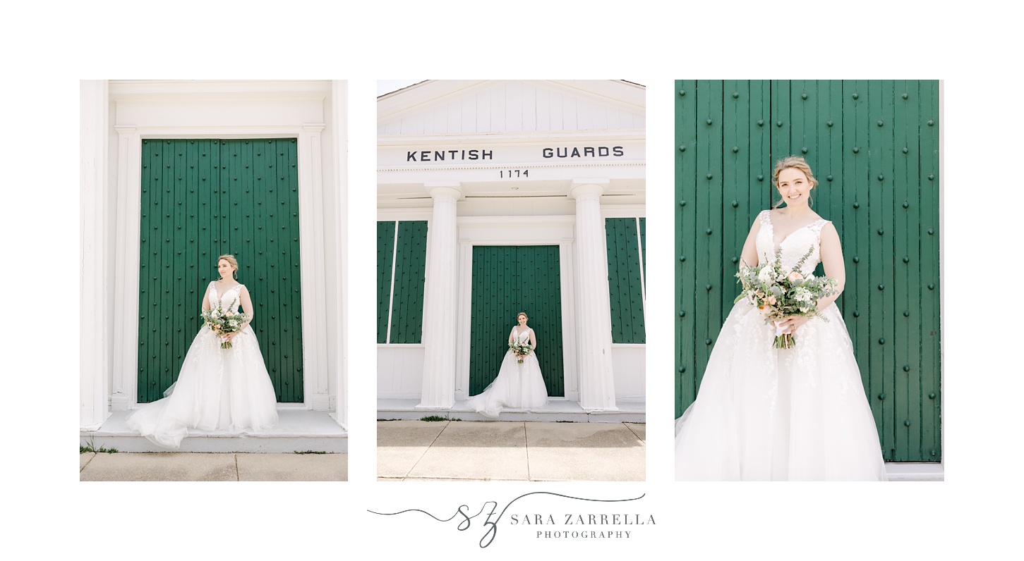 bride stands on steps of white and green building in East Greenwich RI