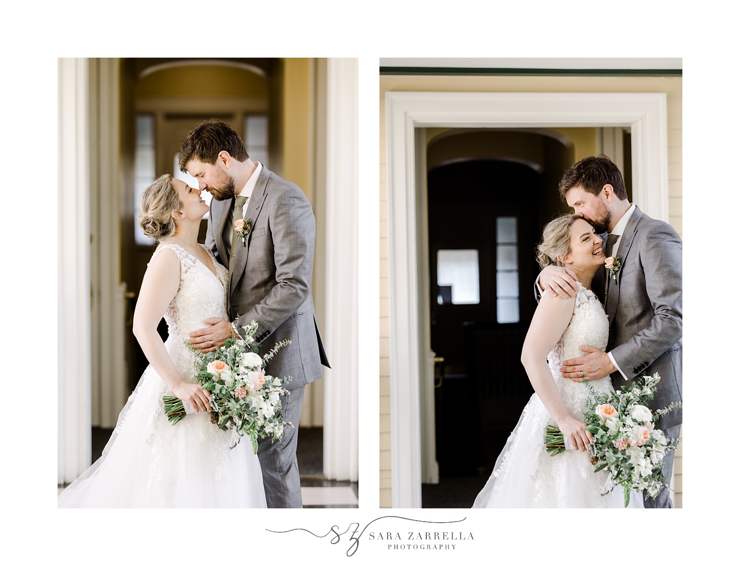 groom in grey suit kisses bride's cheek in hallway of East Greenwich Town Hall 
