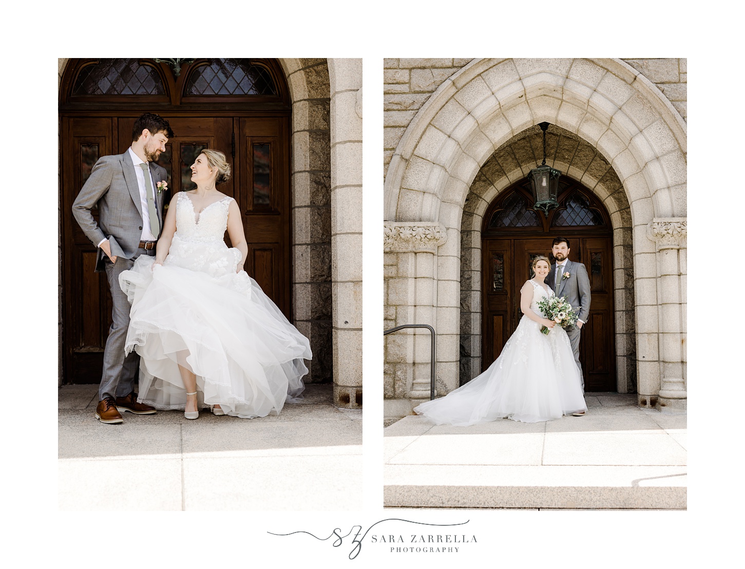 bride and groom stand in stone archway of building in East Greenwich RI