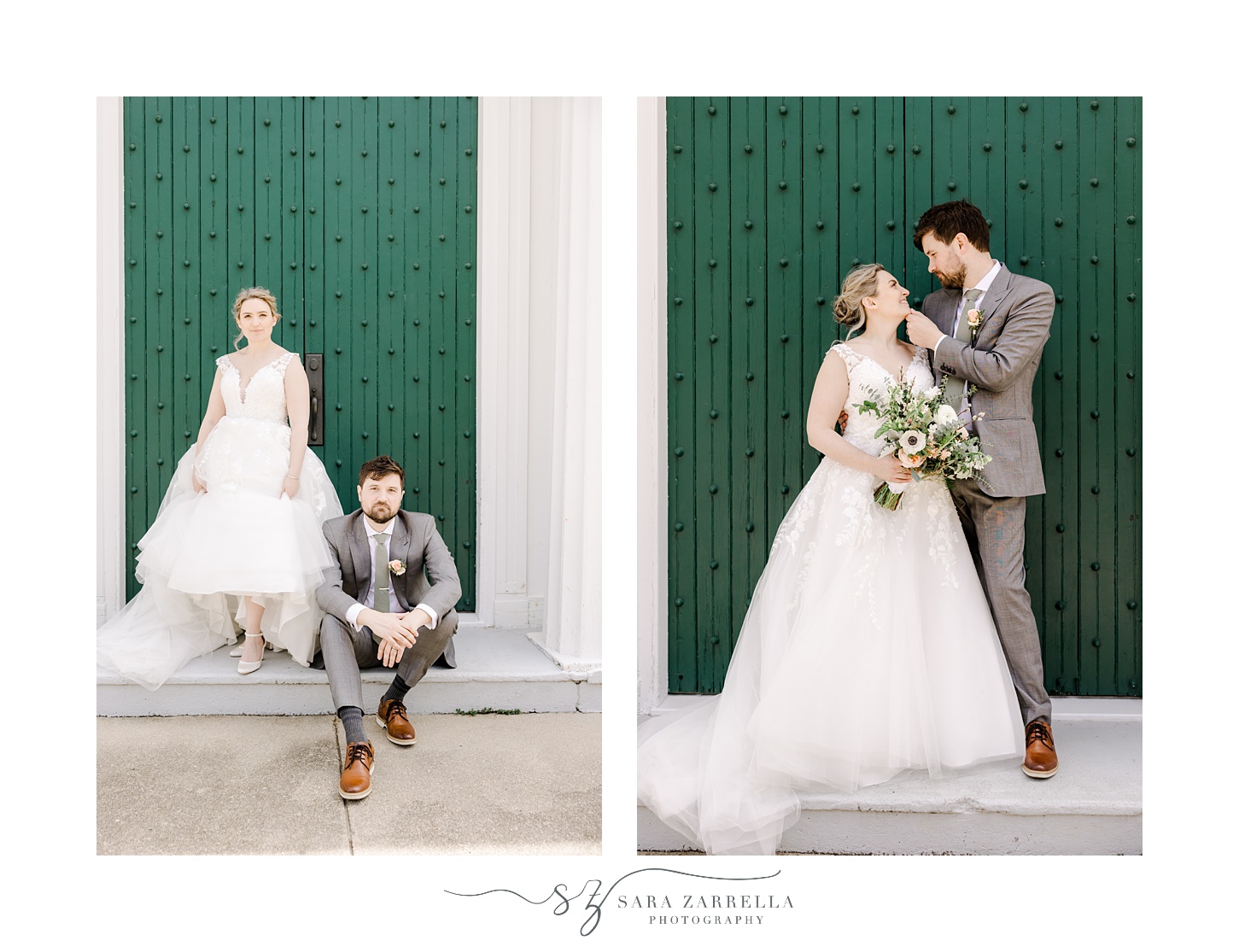 groom looks at bride holding her cheek in front of green door