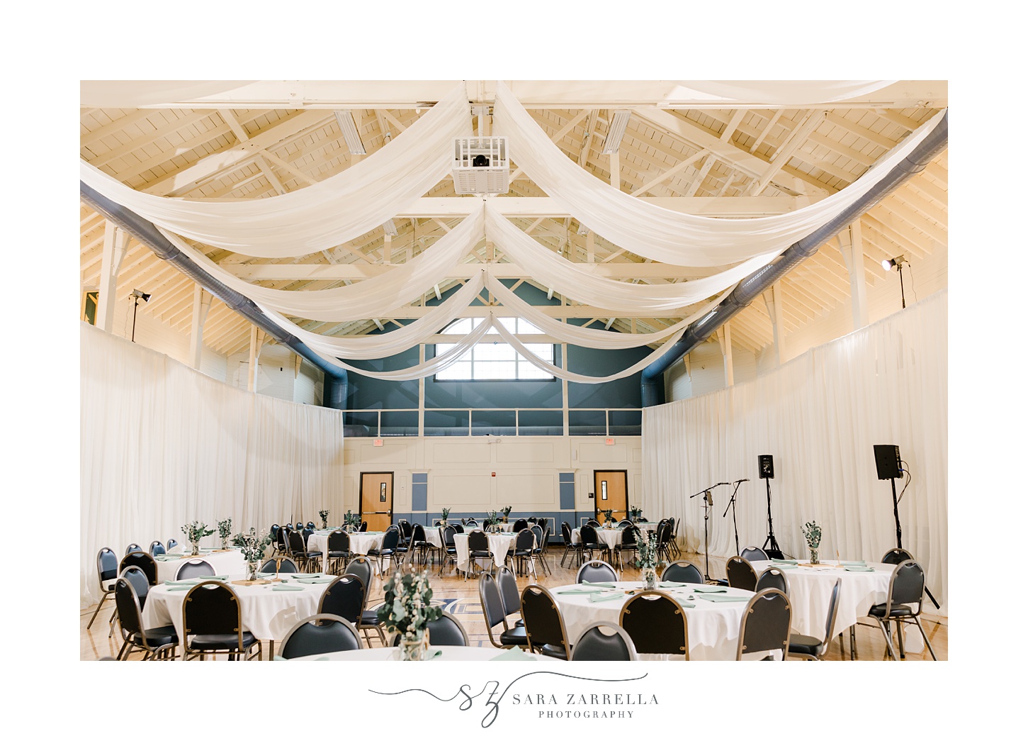 wedding reception with sage green and ivory details at the East Greenwich Town Hall