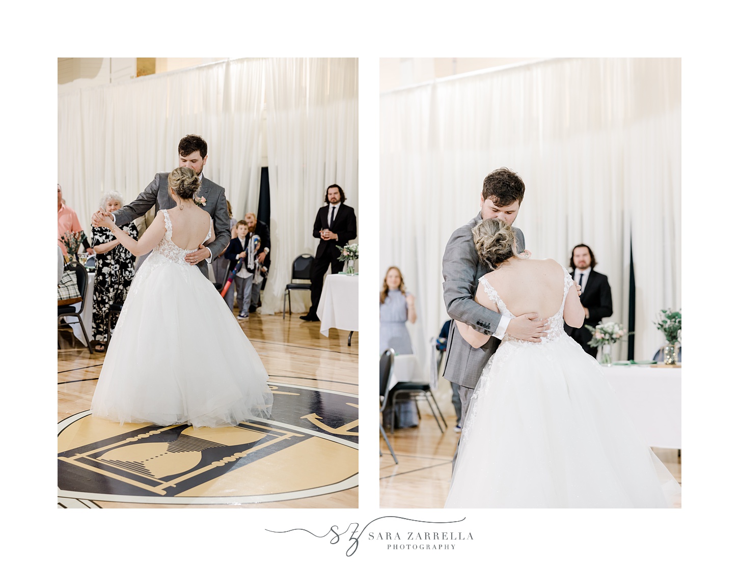 bride and groom dance on dance floor of RI gymnasium 
