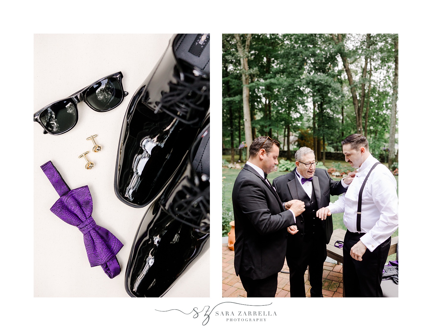groom's black shoes with purple bowtie