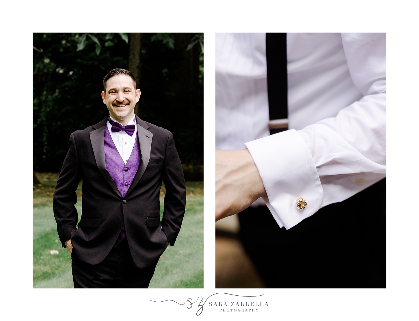 groom stands with hands in pockets of black suit with purple vest