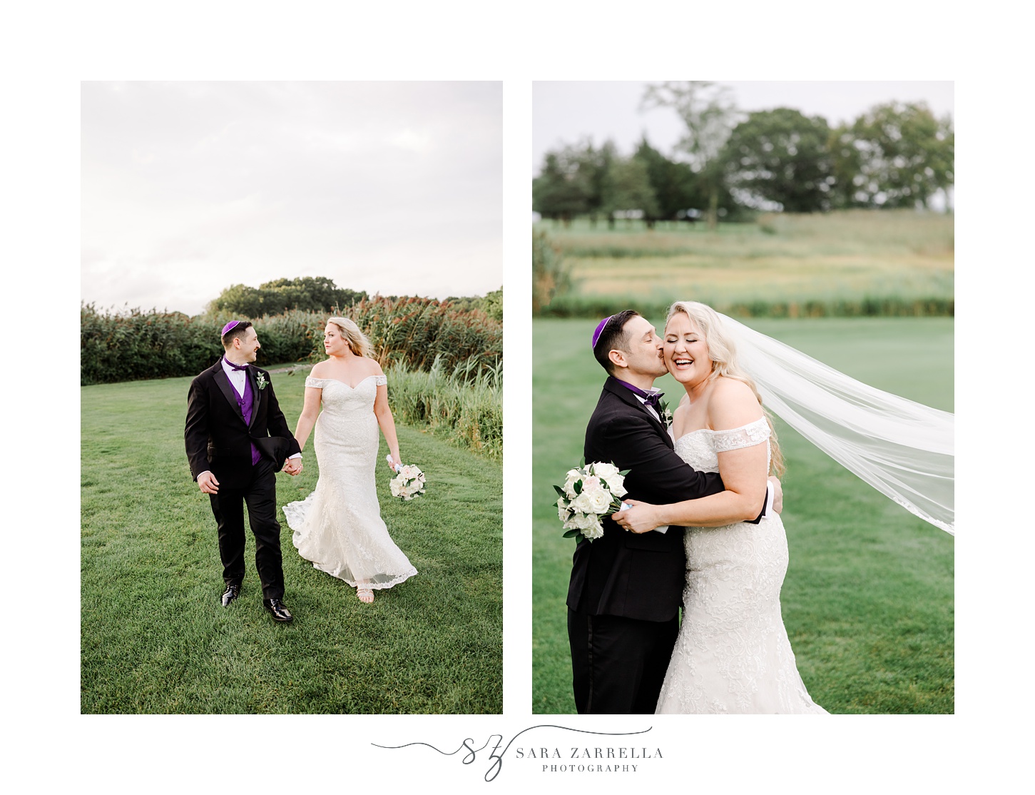 newlyweds hug and laugh walking across the lawn at Quidnessett Country Club