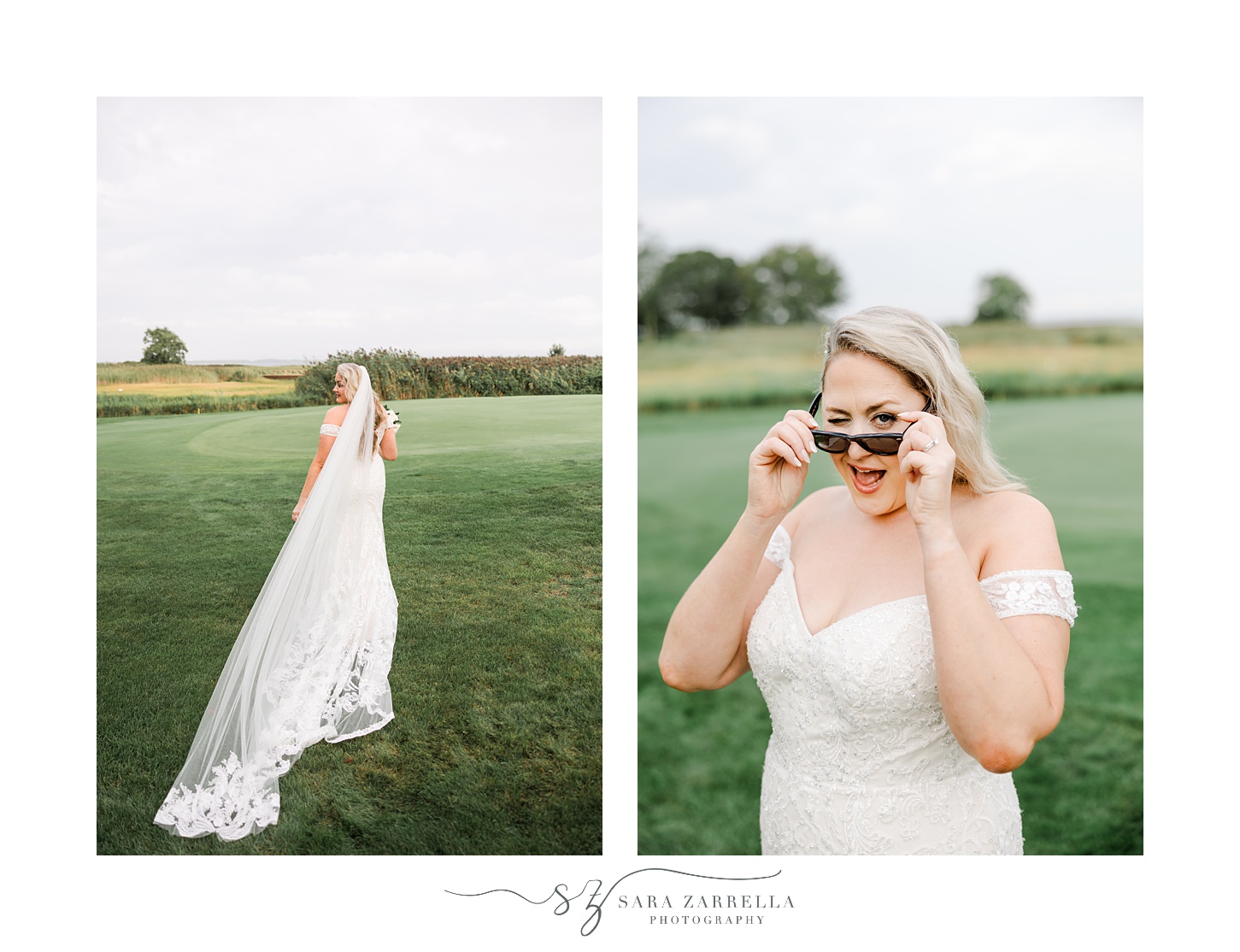 bride grins pulling white sunglasses down and smiling