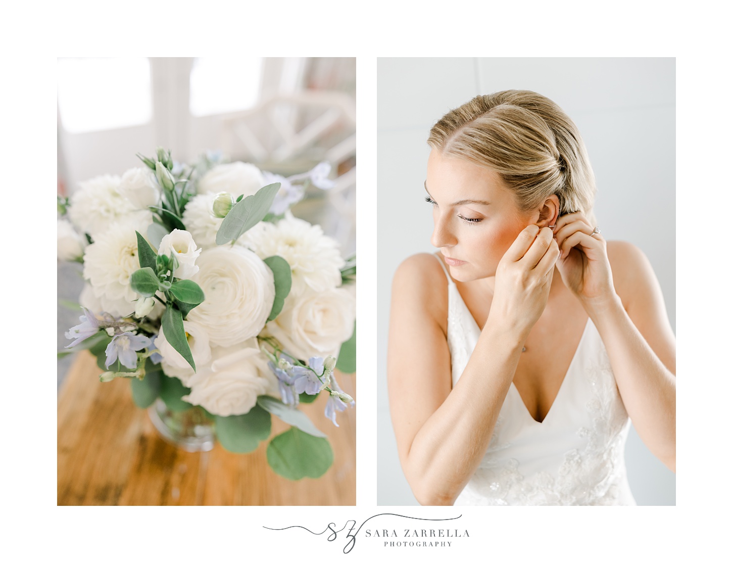 brides prepares for Rhode Island wedding day and bouquet of white and blue flowers rests in glass