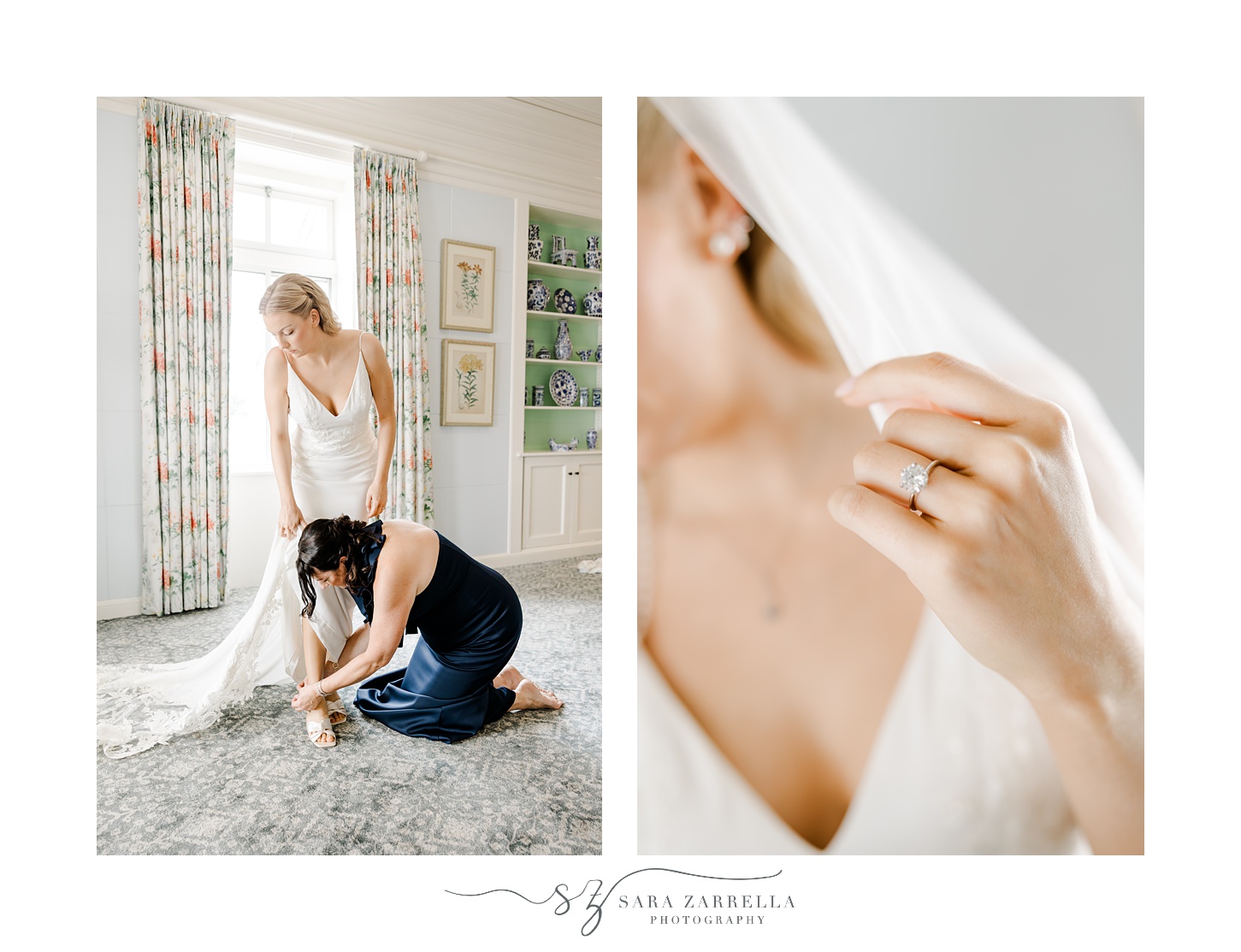 woman helps bride into shoes before Rhode Island wedding day