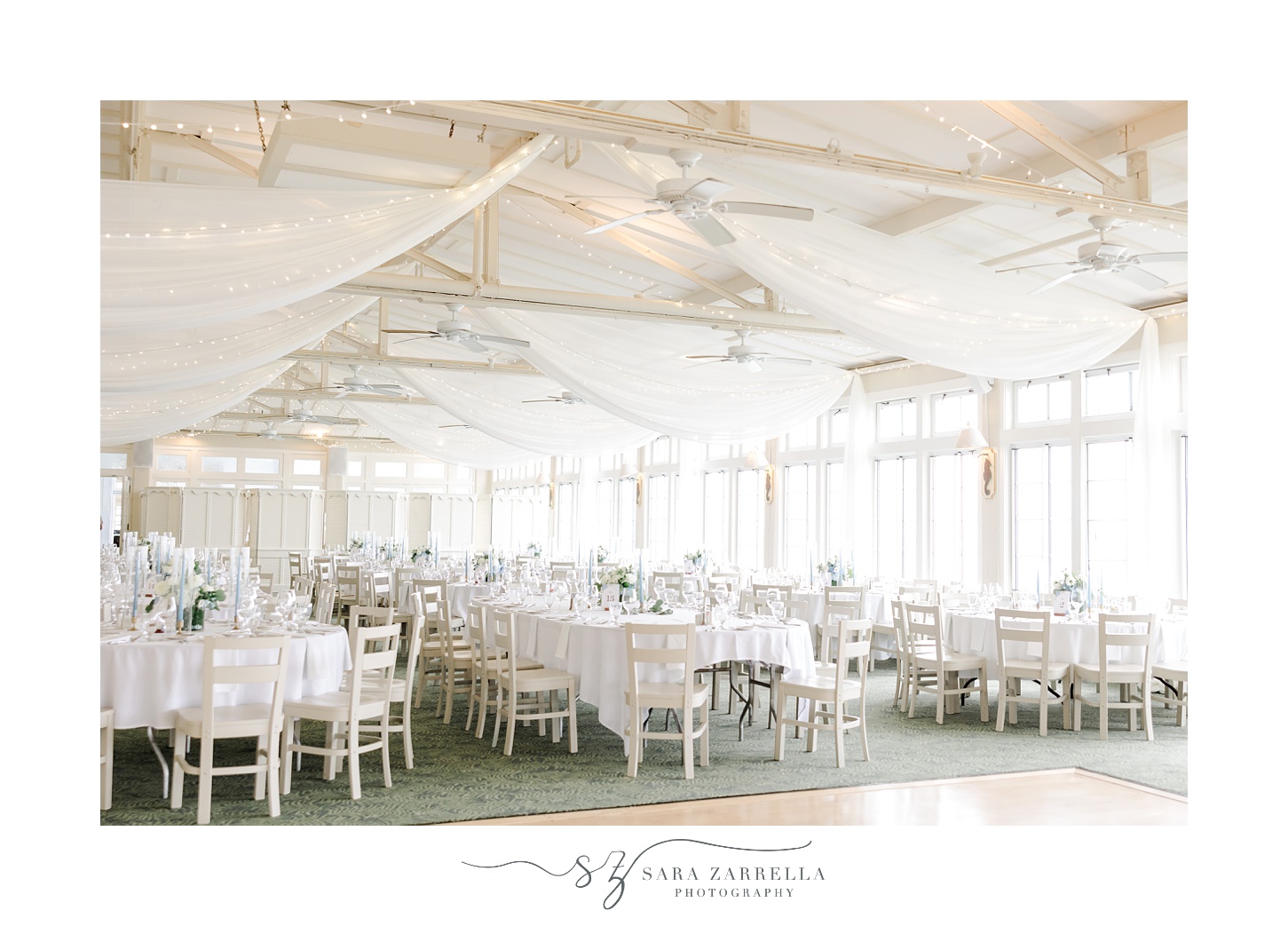 coastal inspired wedding reception with blue and white details at the Dunes Club