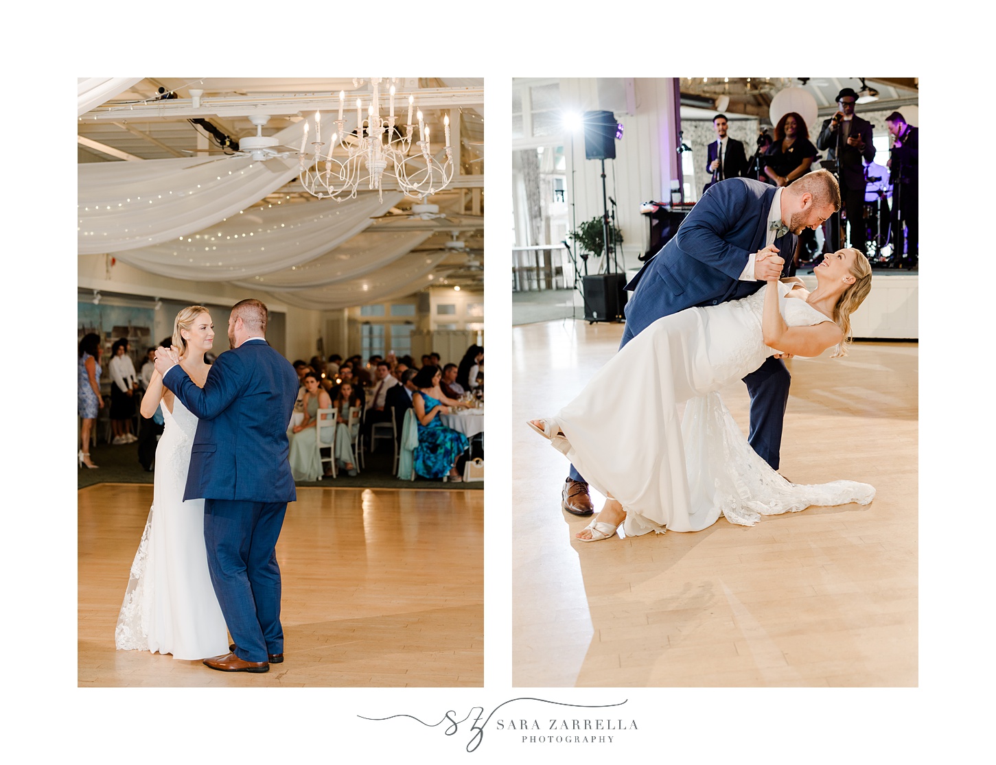 bride and groom dance during wedding reception at the Dunes Club