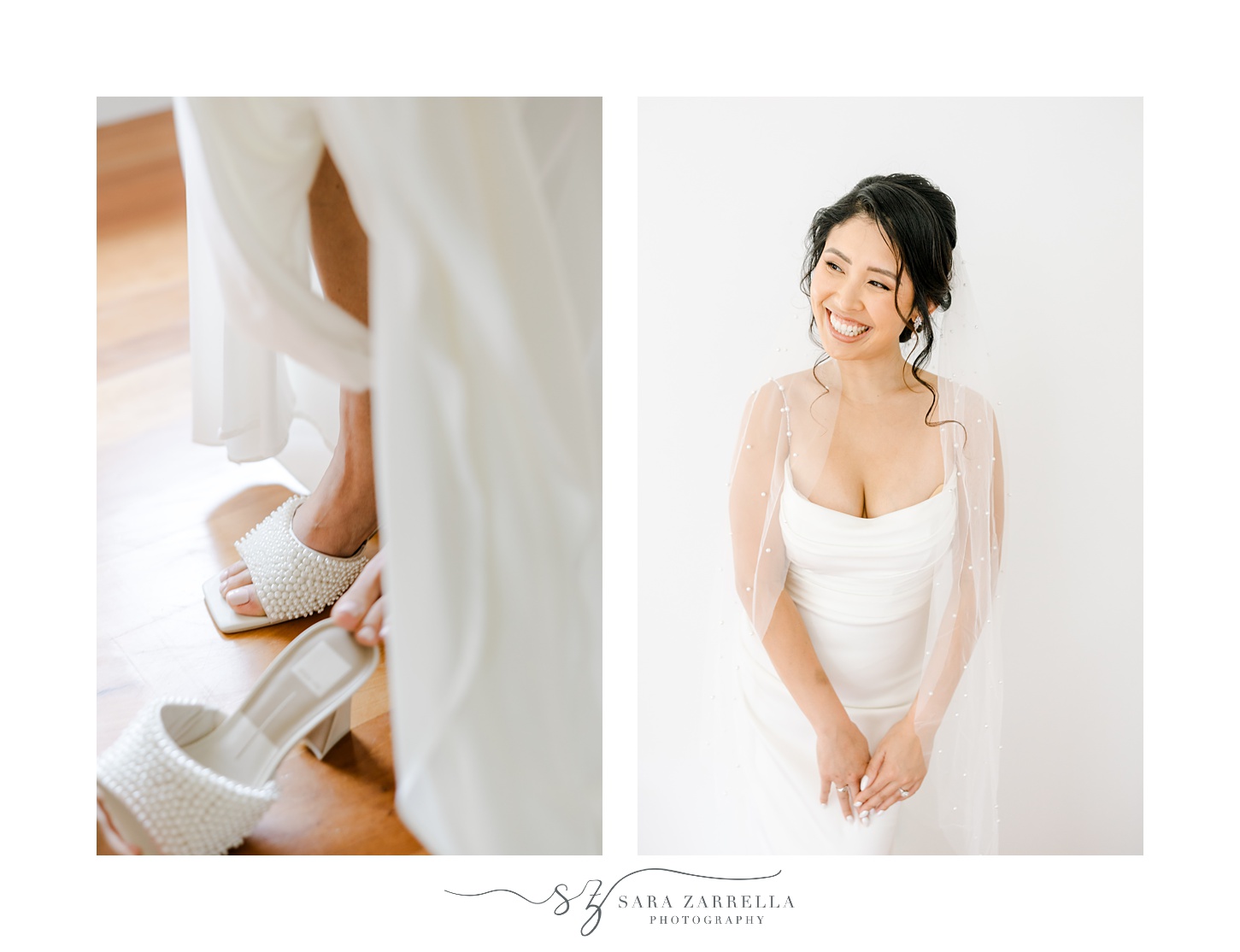 bride smiles and slips shoes on in bedroom of Cranston RI home