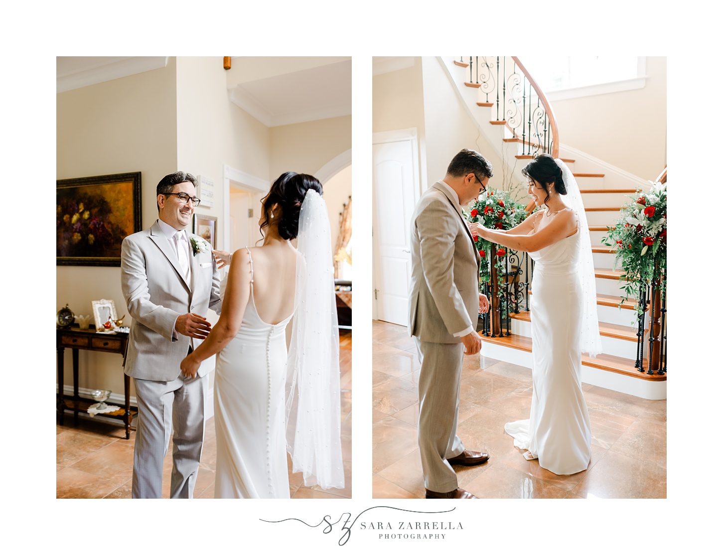 bride and groom smile and laugh during first look together in Rhode Island home
