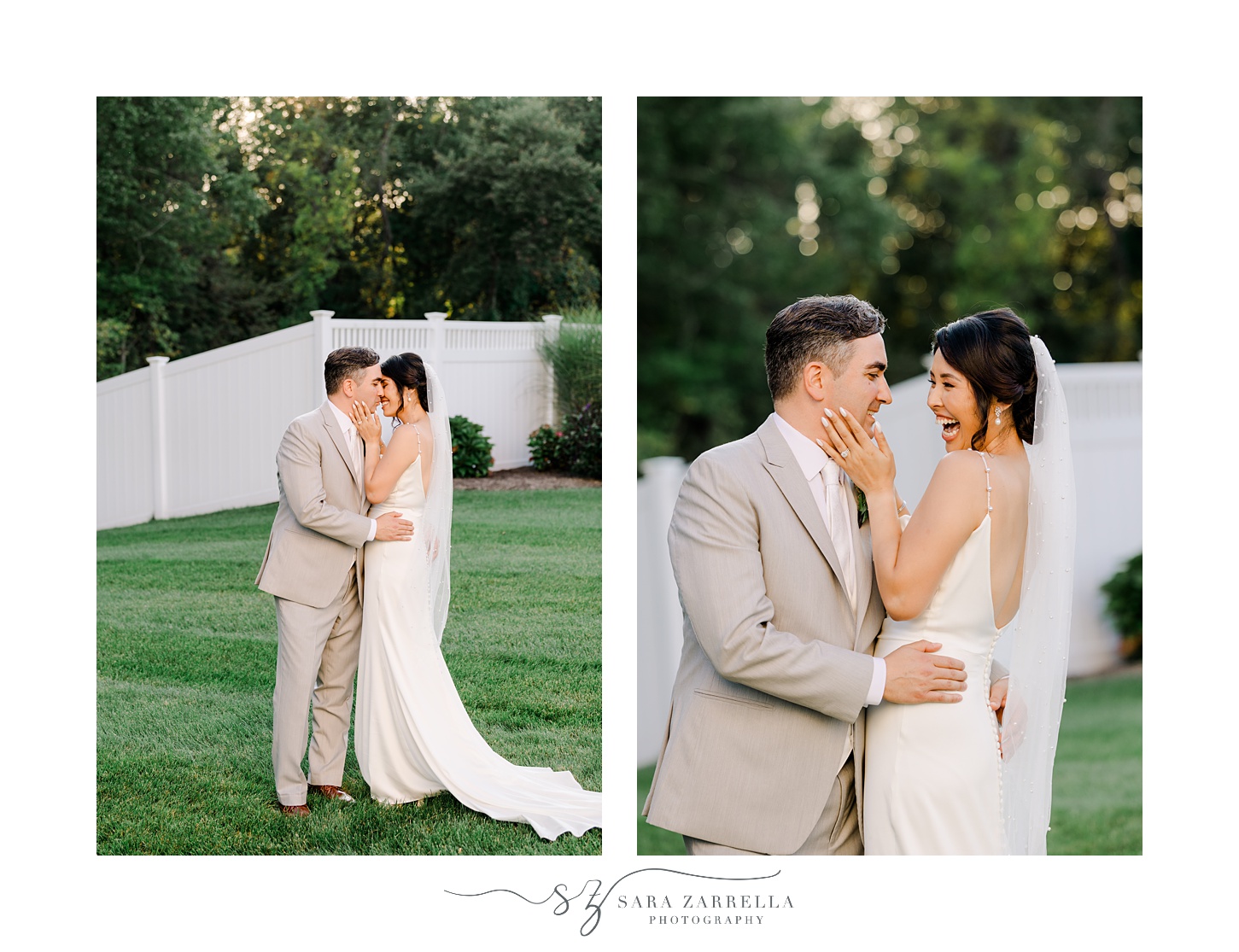 bride and from laugh together on lawn of Cranston RI home