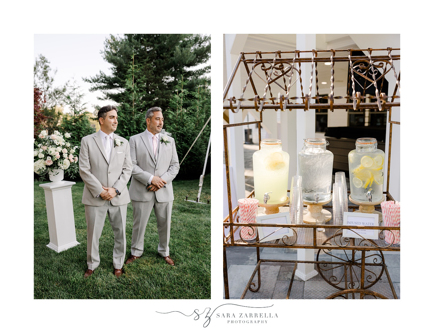 groom stands at the end of the aisle for backyard wedding ceremony in Cranston RI