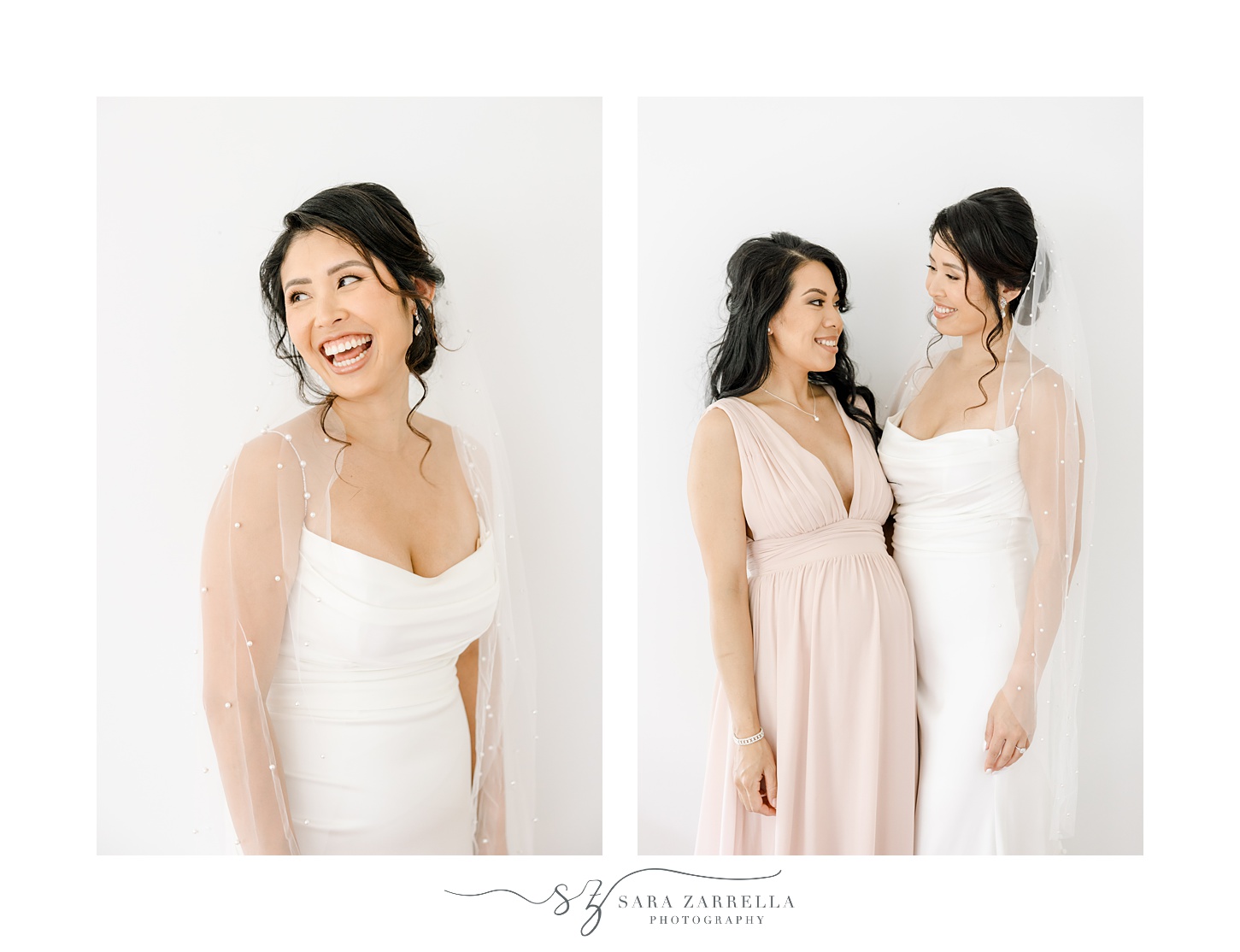 bride laughs over shoulder and smiles with woman in pink dress