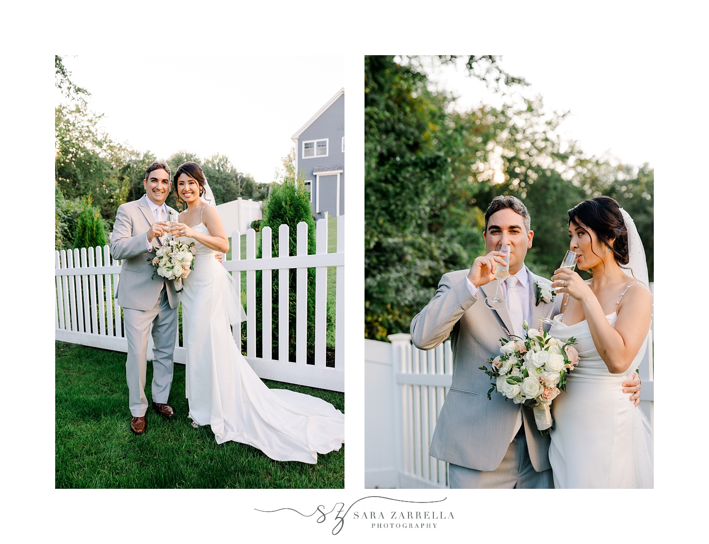 bride and groom toast champagne by fence after backyard wedding ceremony in Cranston RI