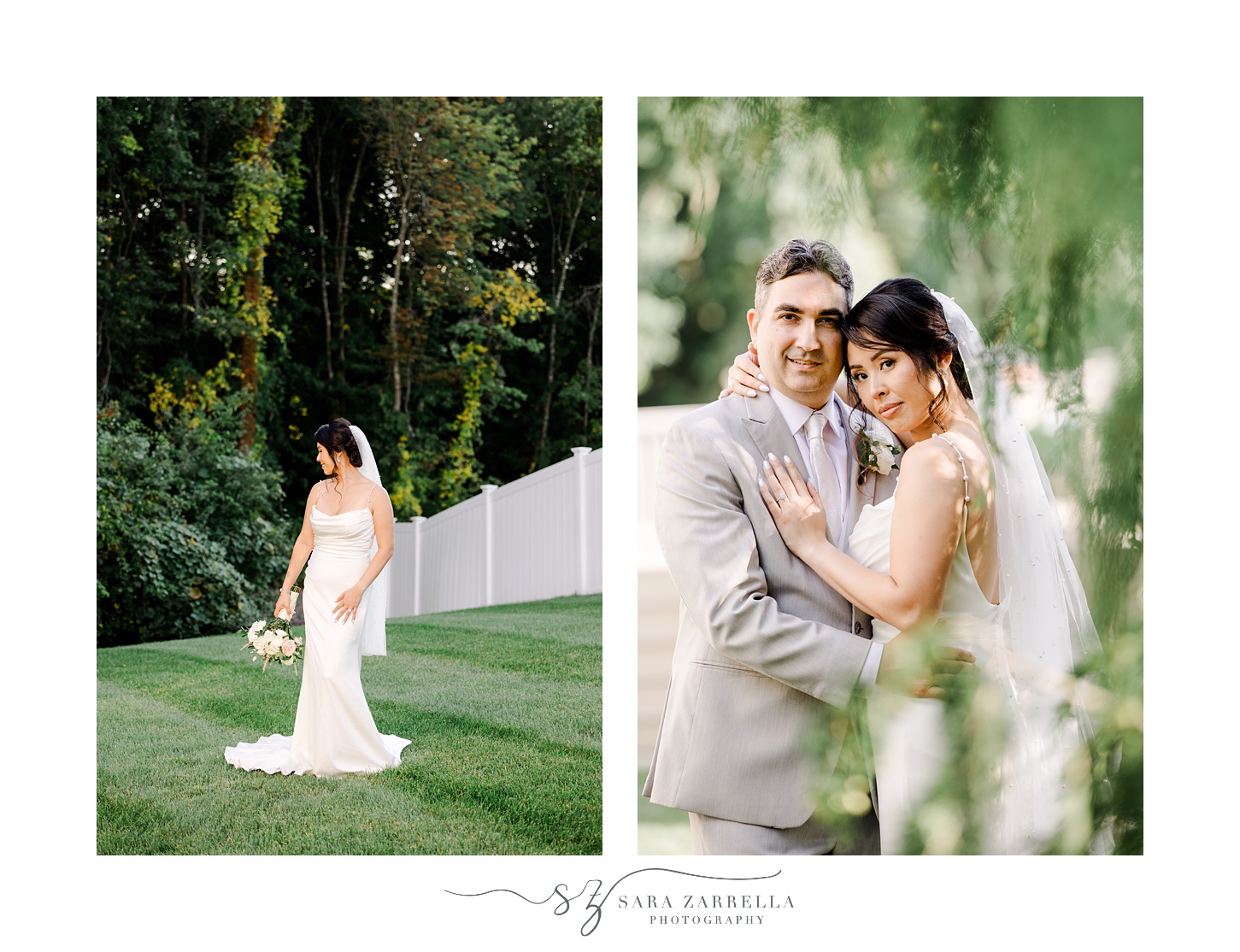 bride stands on lawn with bouquet pointed down next to her hip