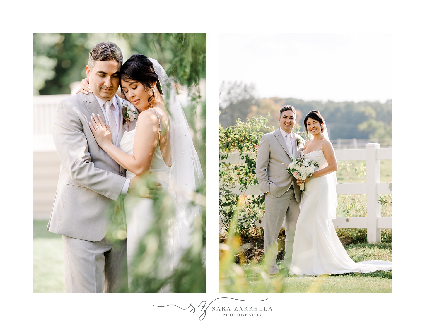 bride and groom hug together on lawn of Cranston RI home