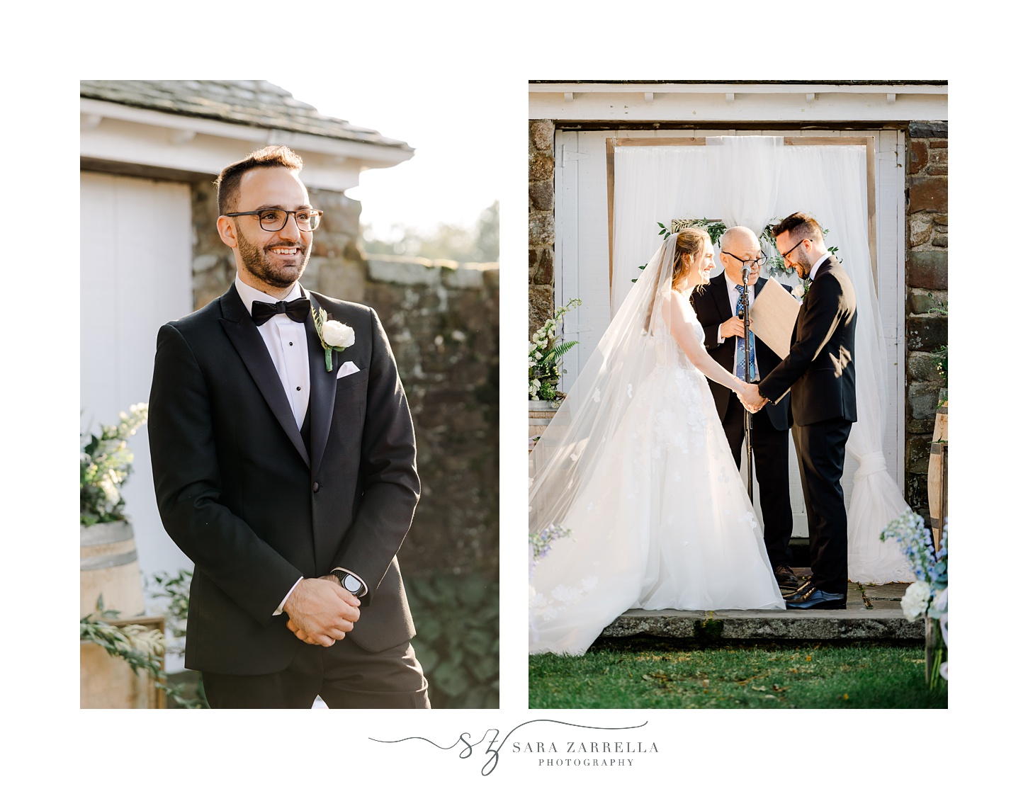groom smiles and couple bows heads together during wedding ceremony