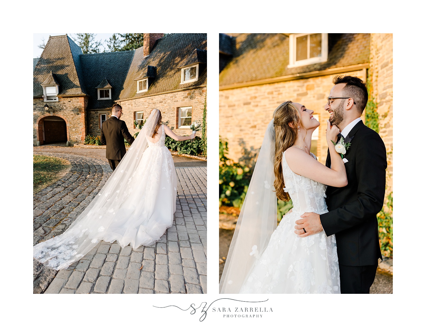 bride and groom walk along brick pathway outside Shepard's Run