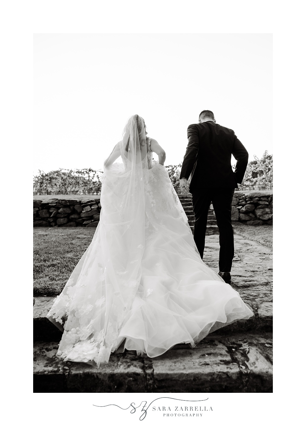 bride and groom walk up stone staircase inside Shepard's Run