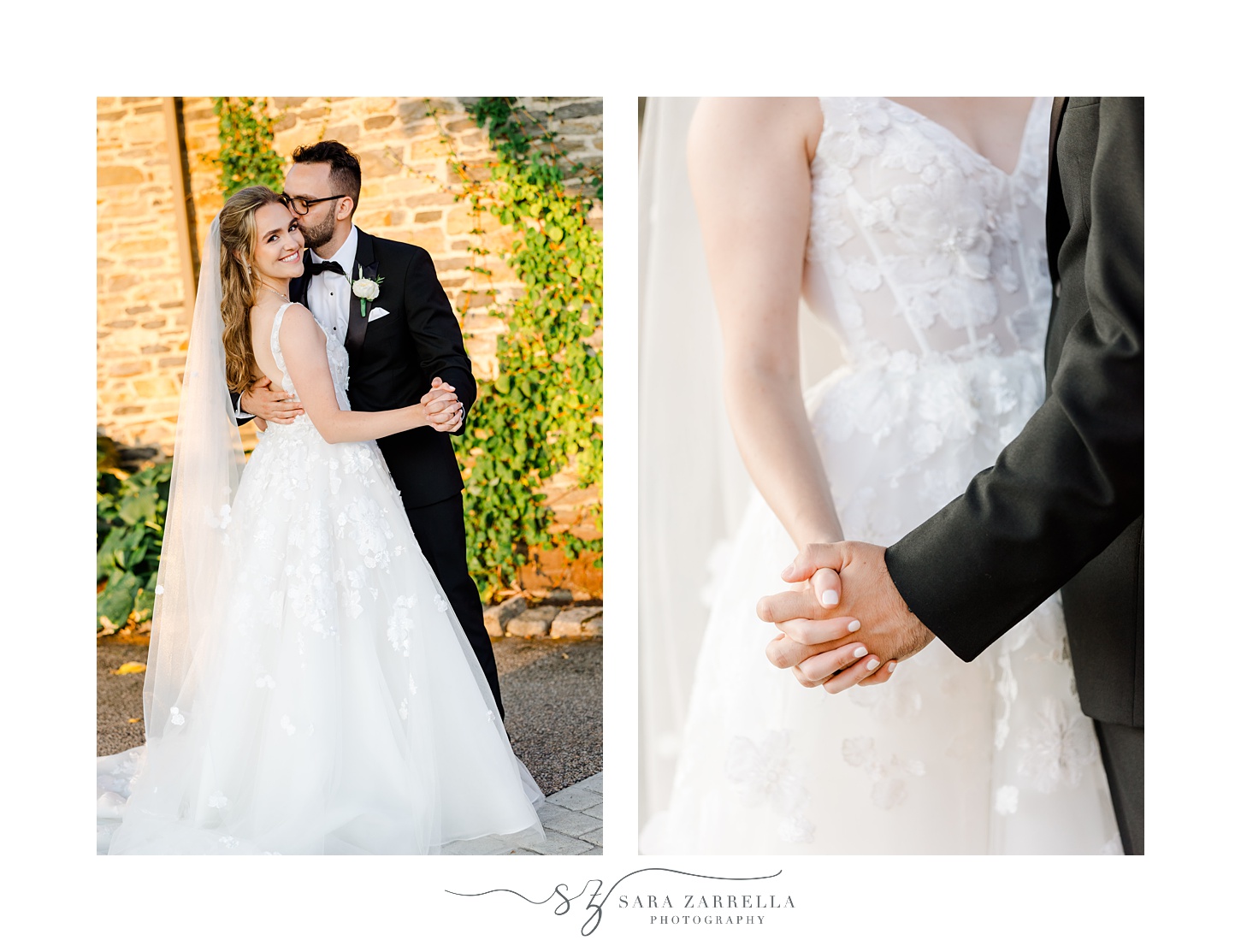 bride and groom hold hands dancing outside RI venue
