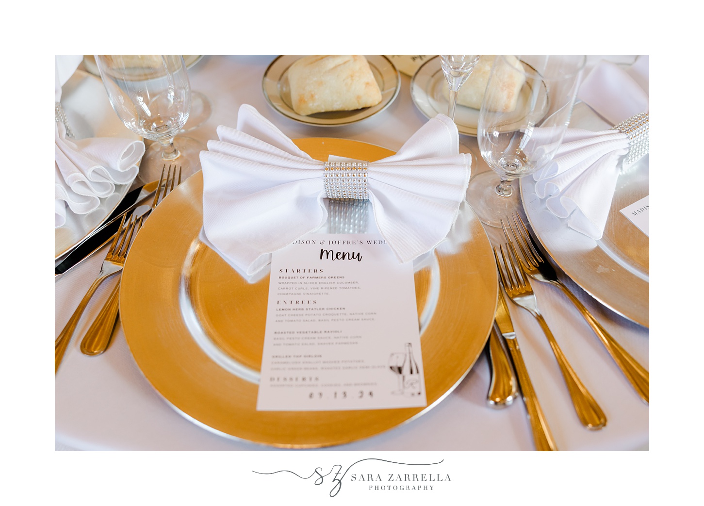 place setting with gold charger, white napkin and menu card at Shepard's Run