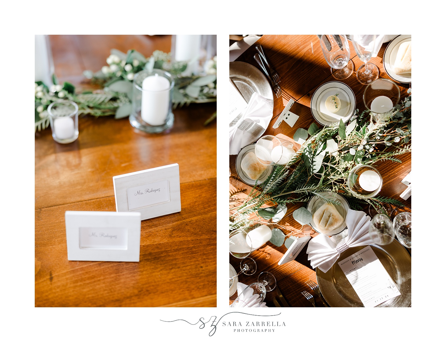 escort cards sit on wooden table with greenery in the center and white candles