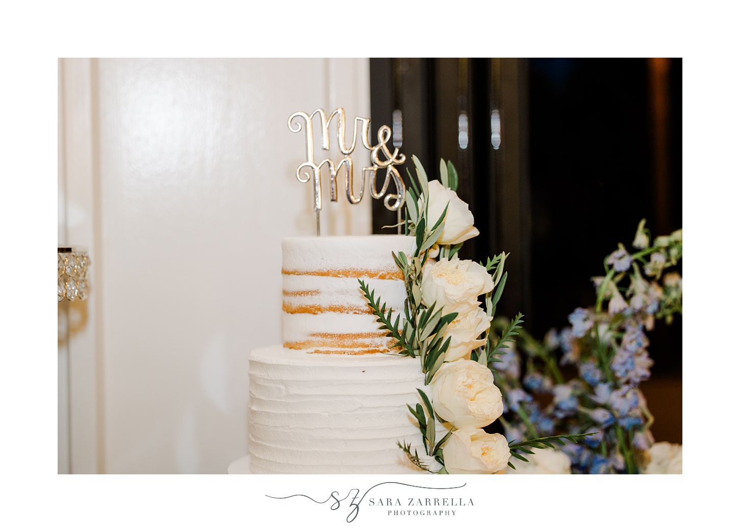 naked wedding cake with ivory roses