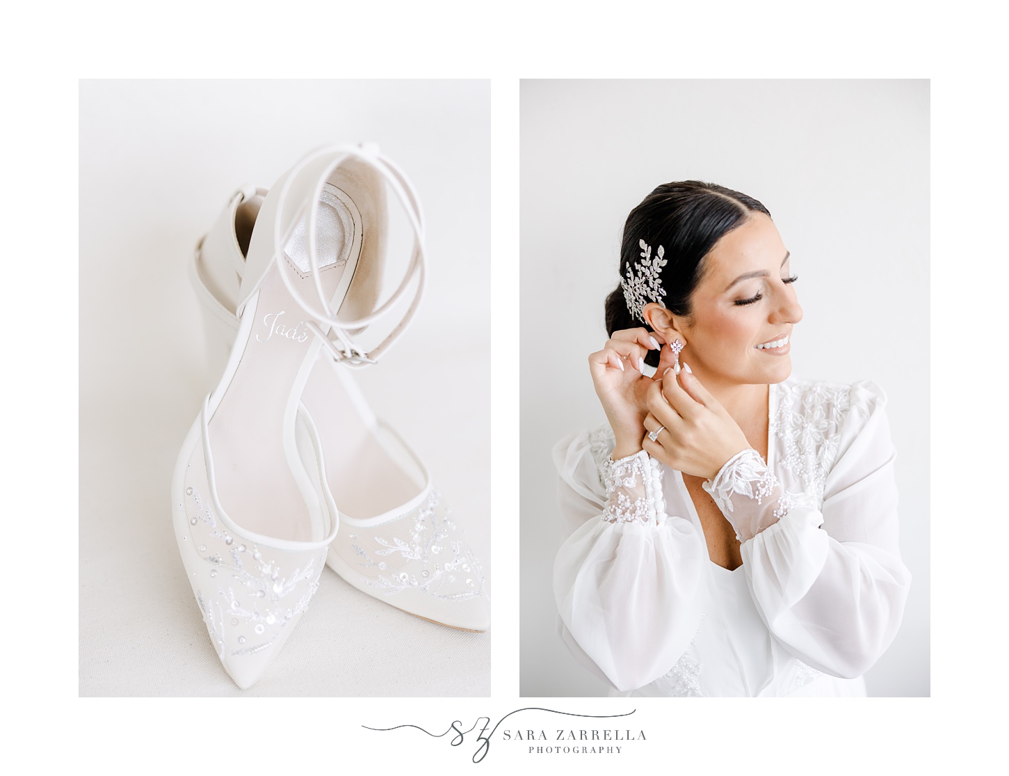 bride adjusts earrings and hair piece above bun in custom white robe