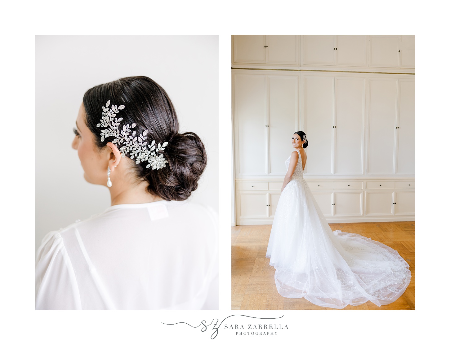 diamond hair piece on side of bride's head inside suite at Glen Manor House