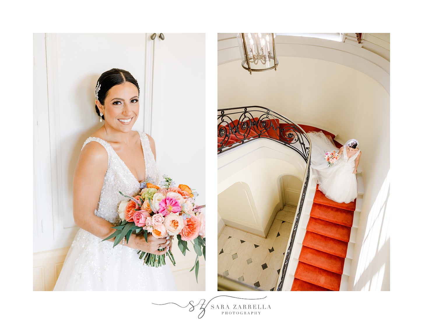 bride holds bright summer bouquet and walks down steps inside Glen Manor House