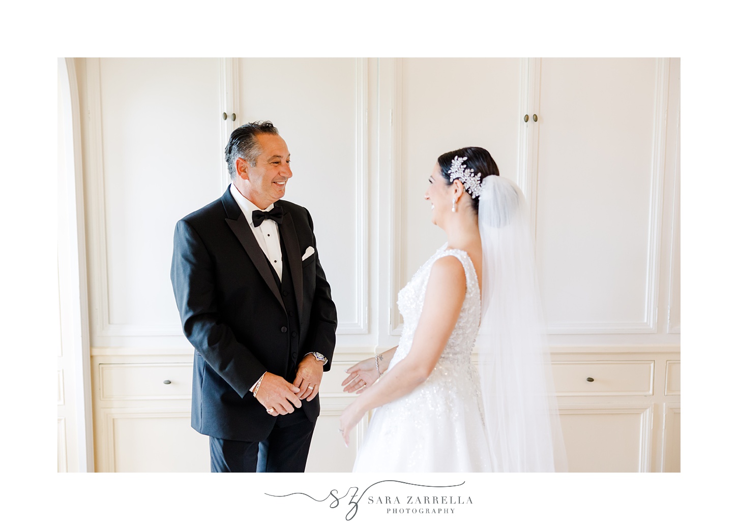bride and father chat during first look in Glen Manor House