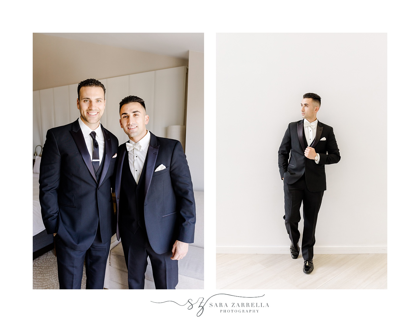 groom and brother lean against the wall of Rhode Island hotel